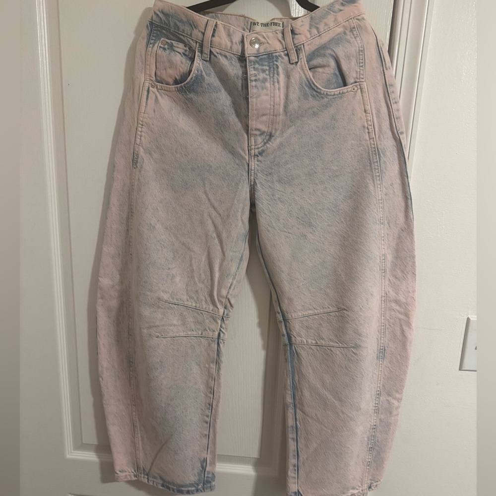 We The Free Pink and Blue Denim Barrel Jeans